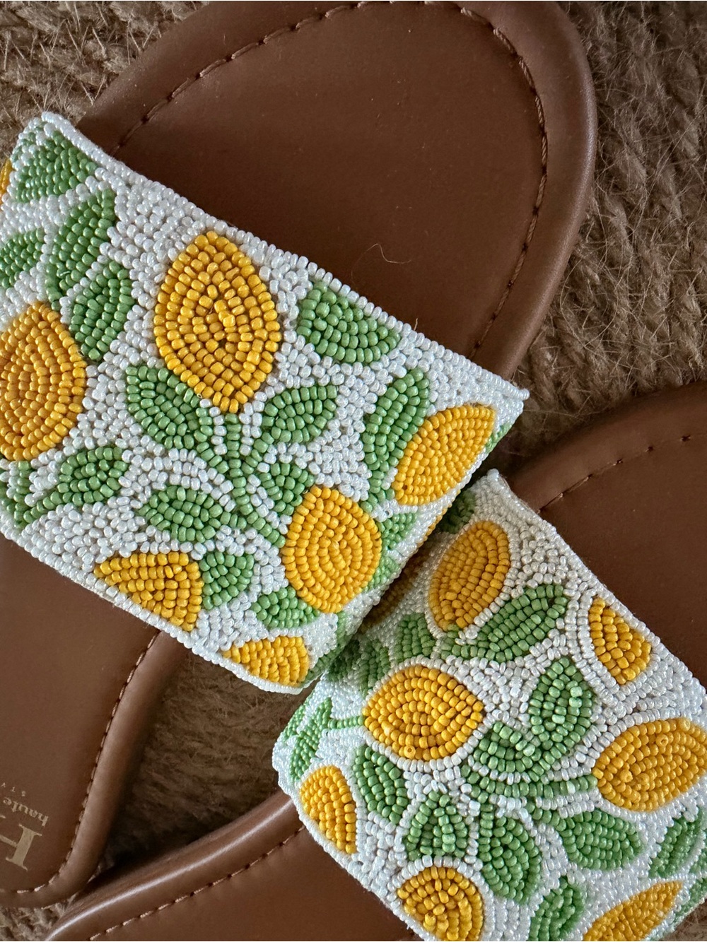 Haute Hippie White Slide Sandals with Yellow & Green Beaded Floral Strap - Picture 3 of 3